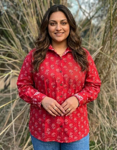 Red Gulmohar Cotton Oversized Shirt Without Pocket | Designed for Curves, Up to 6XL