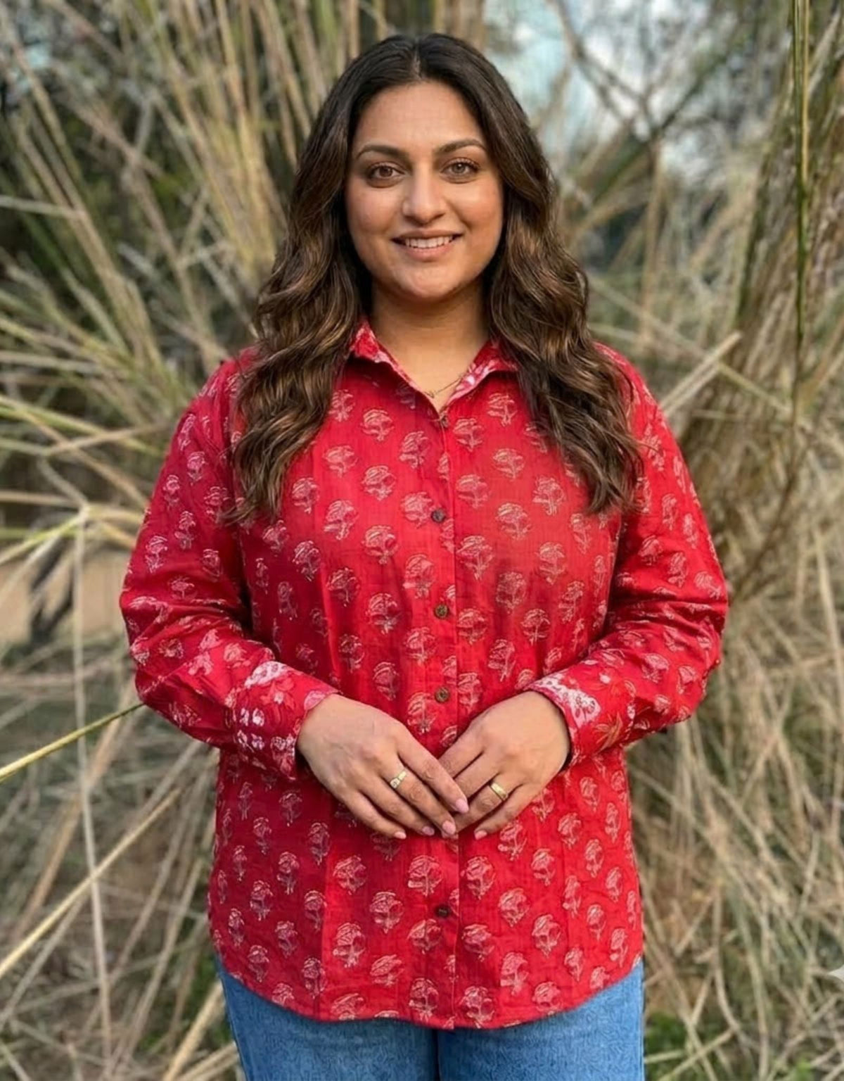 Red Gulmohar Cotton Oversized Shirt Without Pocket | Designed for Curves, Up to 6XL