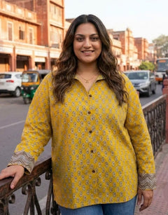 Punjabi Mustard Butti Cotton Oversized Shirt Without Pocket | Designed for Curves, Up to 6XL