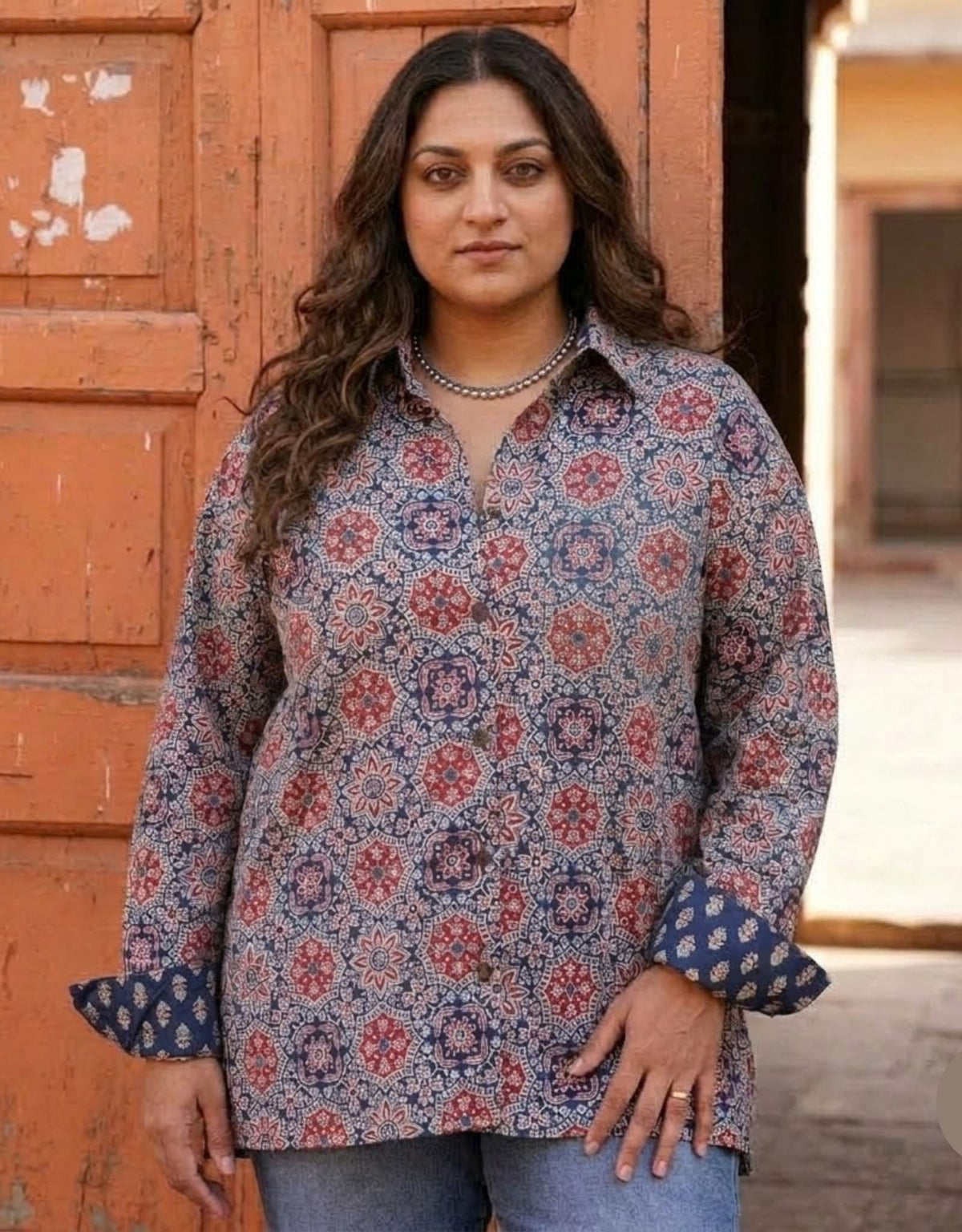 Ajrakh Mandala Cotton Oversized Shirt Without Pocket | Designed for Curves, Up to 6XL