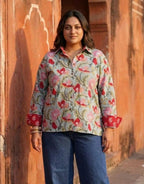Lucknow Mugal Floral In Sky Cotton Oversized Shirt Without Pocket | Designed for Curves, Up to 6XL