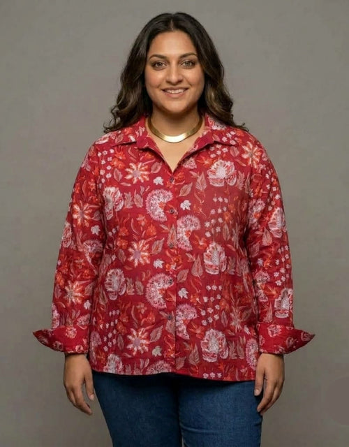 Delhi Red Floral Cotton Oversized Shirt Without Pocket | Designed for Curves, Up to 6XL