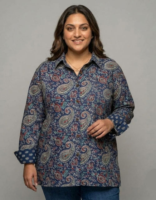 Indigo Paisley Cotton Oversized Shirt Without Pocket | Designed for Curves, Up to 6XL