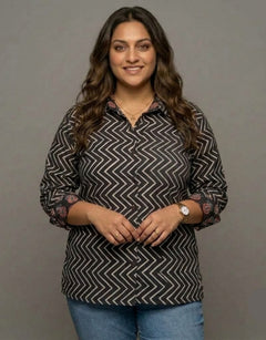 Black Zigzag Gul Cotton Oversized Shirt Without Pocket | Designed for Curves, Up to 6XL