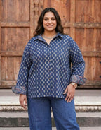 Indigo Butti Cotton Oversized Shirt Without Pocket | Designed for Curves, Up to 6XL