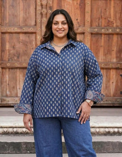 Indigo Butti Cotton Oversized Shirt Without Pocket | Designed for Curves, Up to 6XL