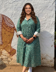 Green Butti Cotton Regular Fit Dress | Designed for Curves, Up to 6XL