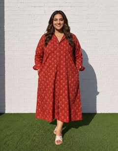 Red Gulmohar Cotton Regular Fit Dress | Designed for Curves, Up to 6XL