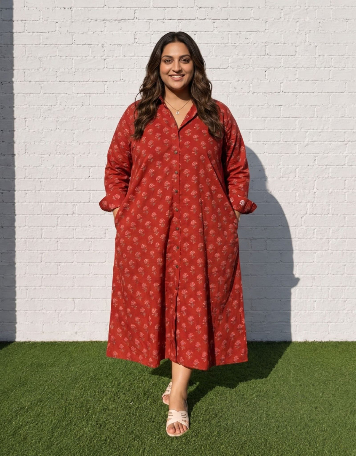 Red Gulmohar Cotton Regular Fit Dress | Designed for Curves, Up to 6XL