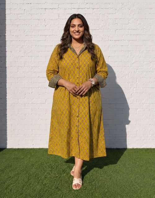 Punjab Mustard Butti Cotton Regular Fit Dress | Designed for Curves, Up to 6XL