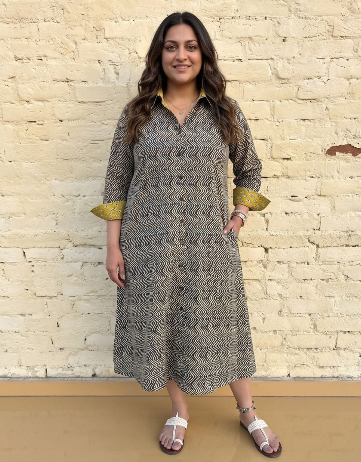 Punjab Mustard Zigzag Cotton Regular Fit Dress | Designed for Curves, Up to 6XL