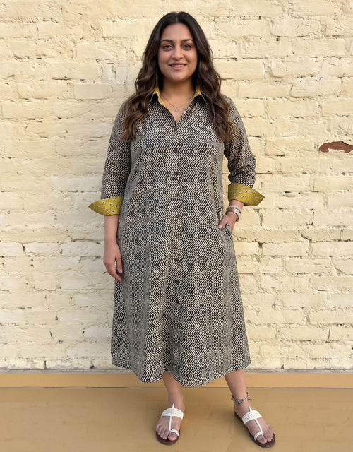 Punjab Mustard Zigzag Cotton Regular Fit Dress | Designed for Curves, Up to 6XL