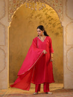 Festive MulChanderi Kurta Set with Dupatta - Raani