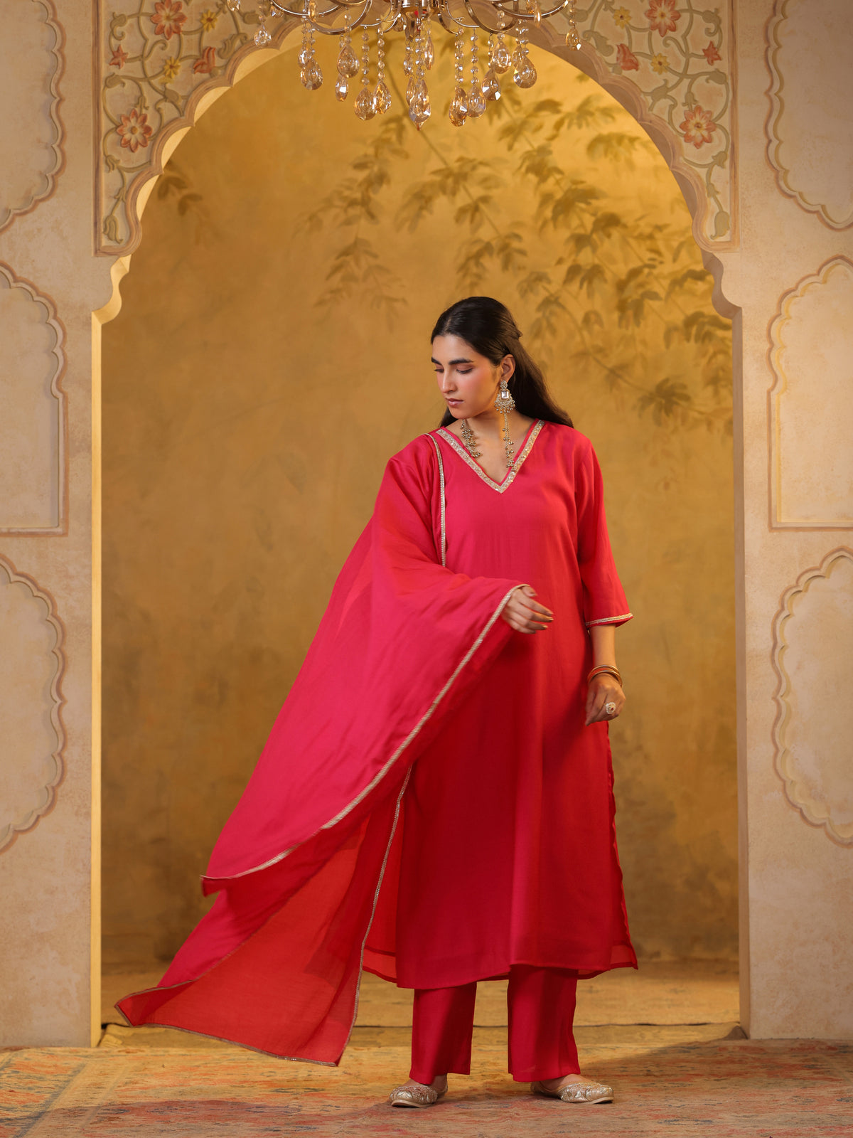 Festive MulChanderi Kurta Set with Dupatta - Raani