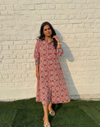 Red Ajarakh Cotton Regular Fit Dress