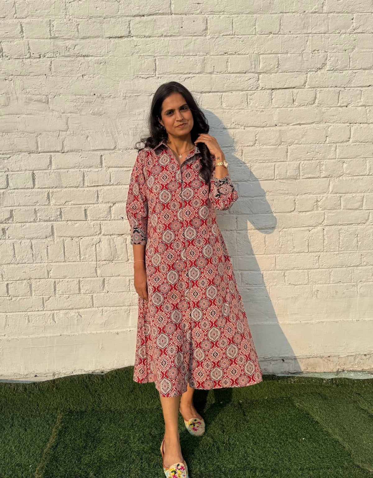 Red Ajarakh Cotton Regular Fit Dress