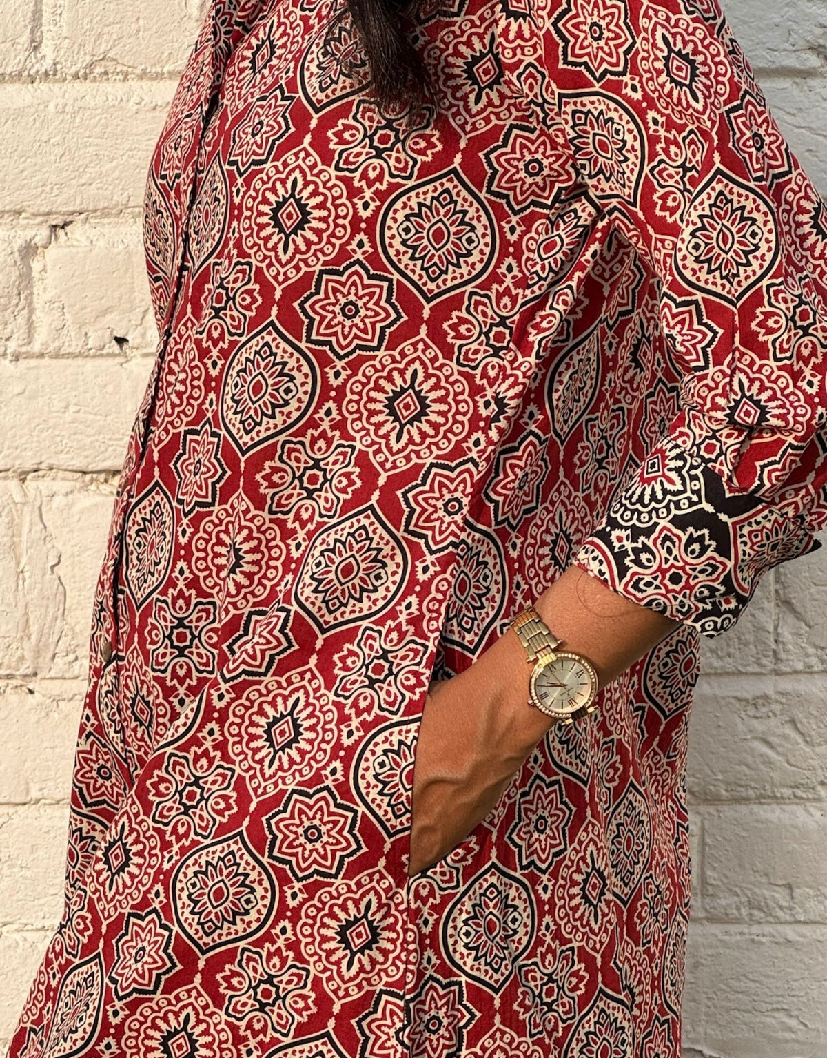 Red Ajarakh Cotton Regular Fit Dress