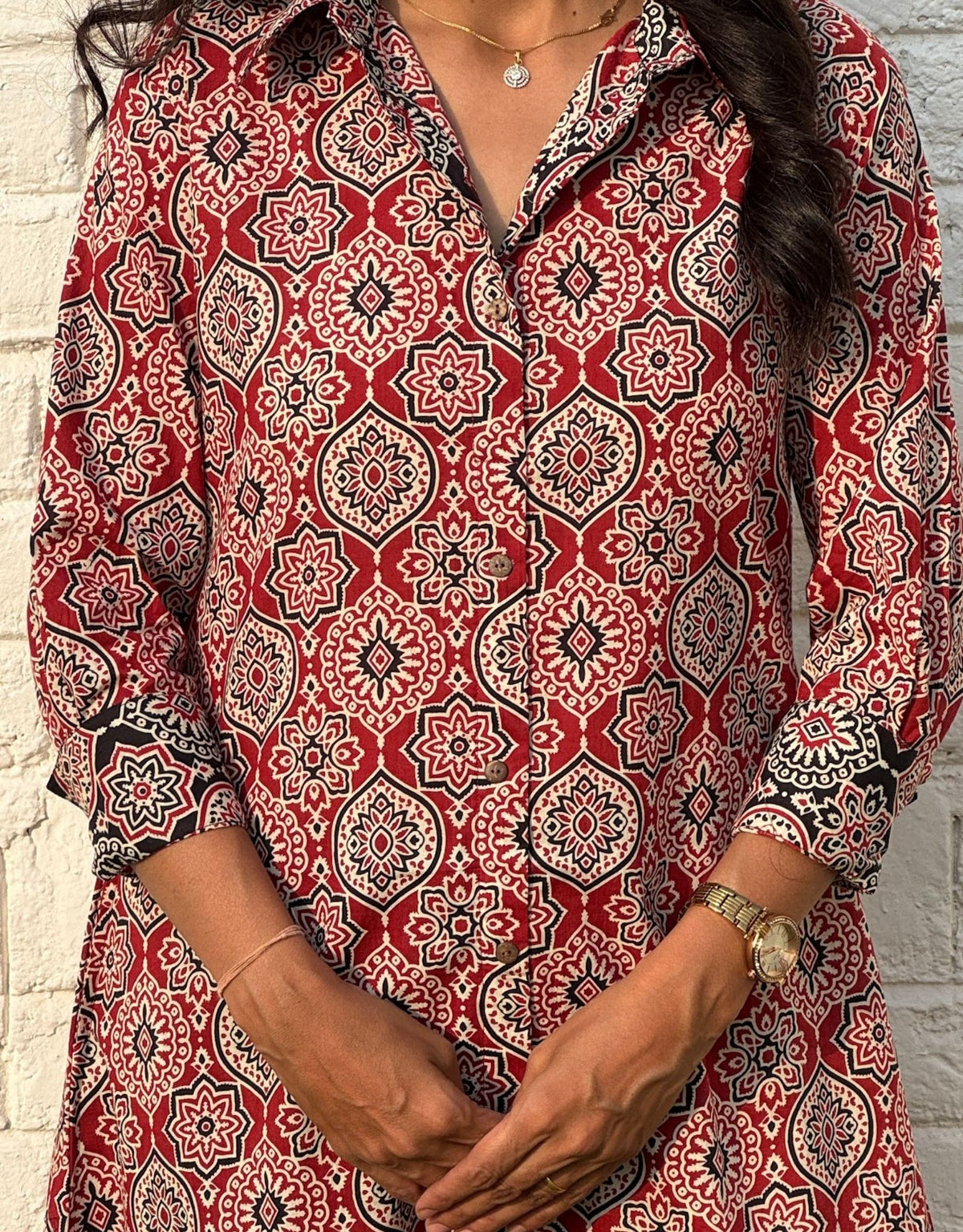 Red Ajarakh Cotton Regular Fit Dress