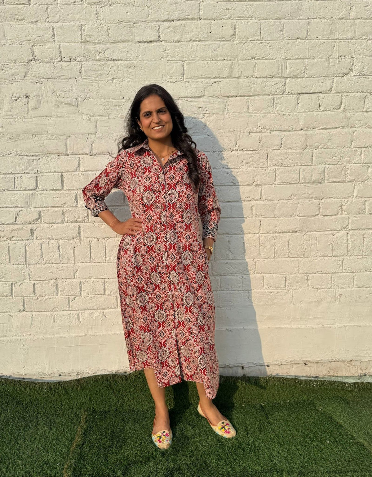 Red Ajarakh Cotton Regular Fit Dress