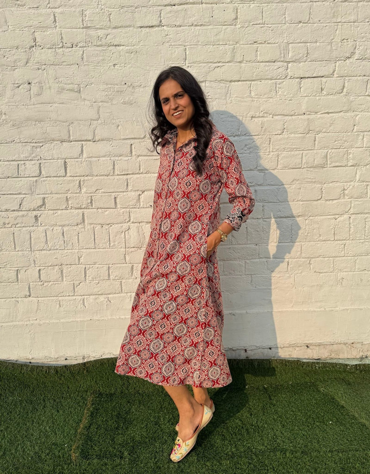 Red Ajarakh Cotton Regular Fit Dress