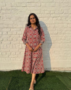 Red Ajarakh Cotton Regular Fit Dress