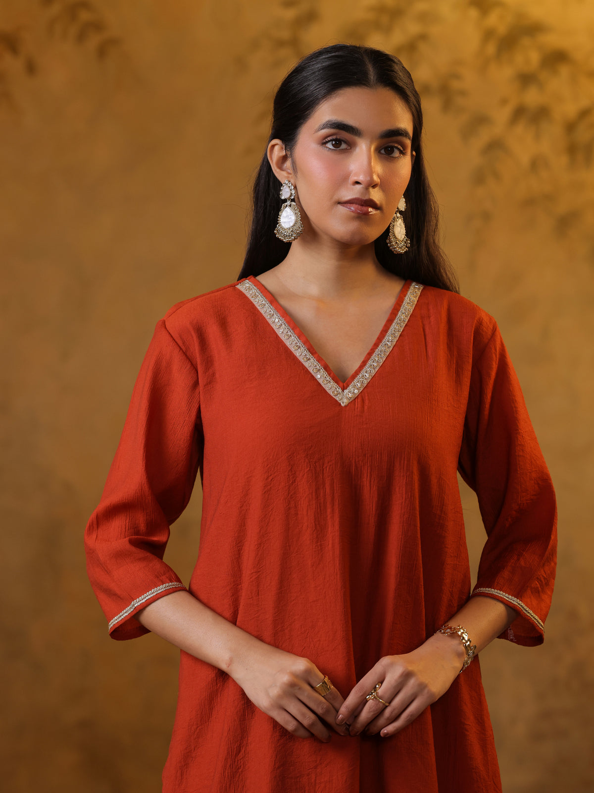 Festive MulChanderi Kurta Set with Dupatta - Rust