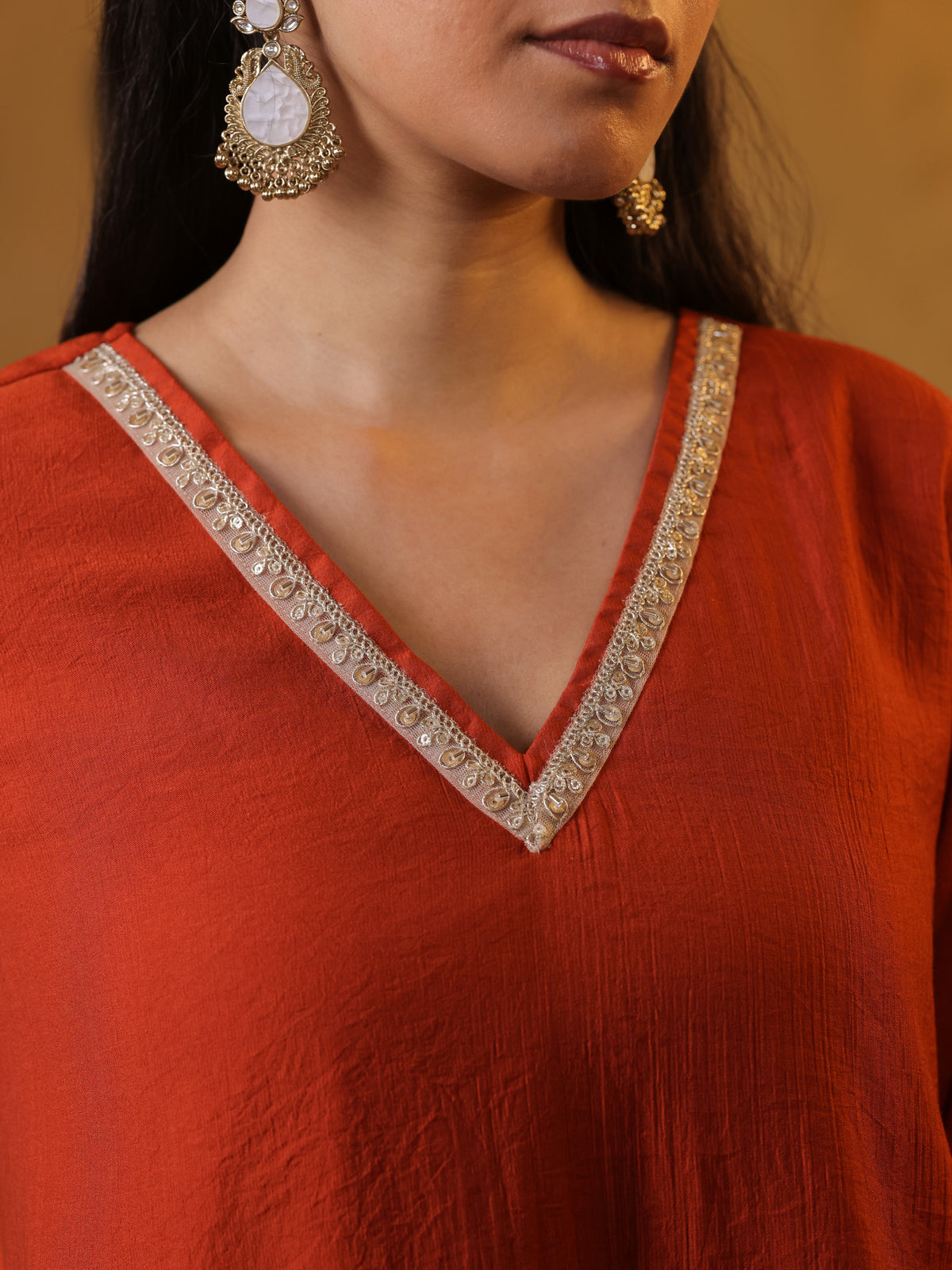 Festive MulChanderi Kurta Set with Dupatta - Rust