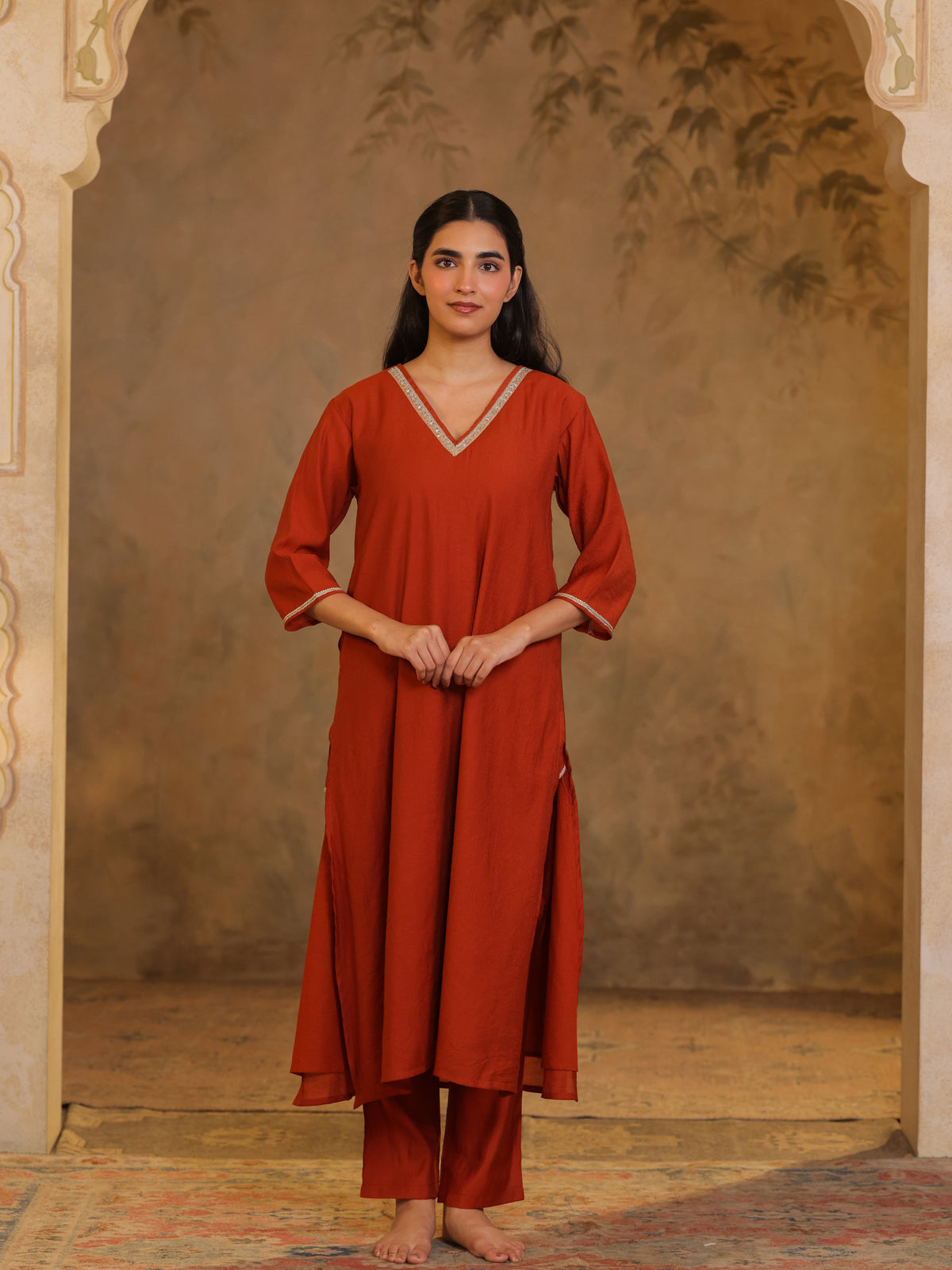 Festive MulChanderi Kurta Set with Dupatta - Rust