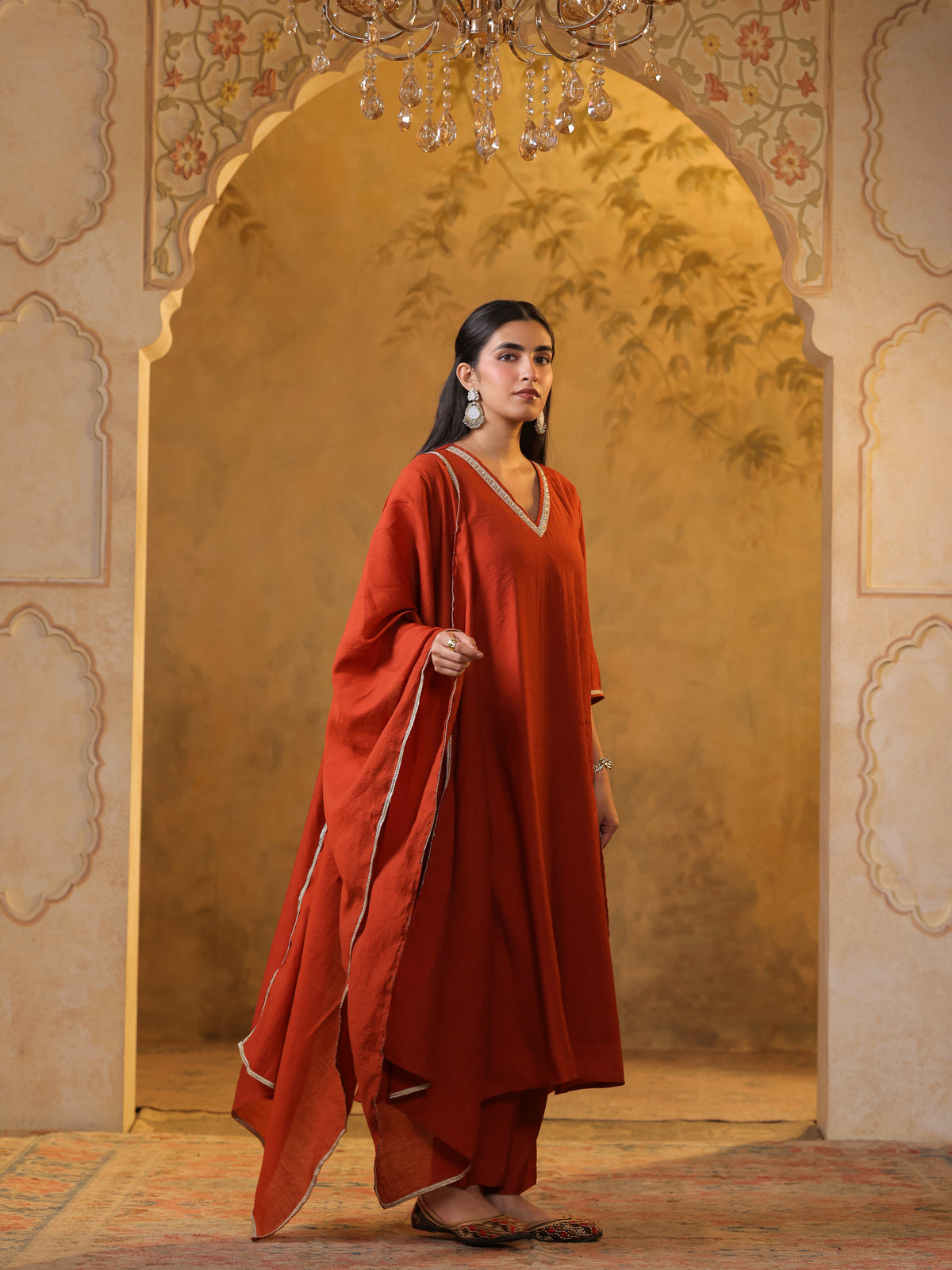 Festive MulChanderi Kurta Set with Dupatta - Rust