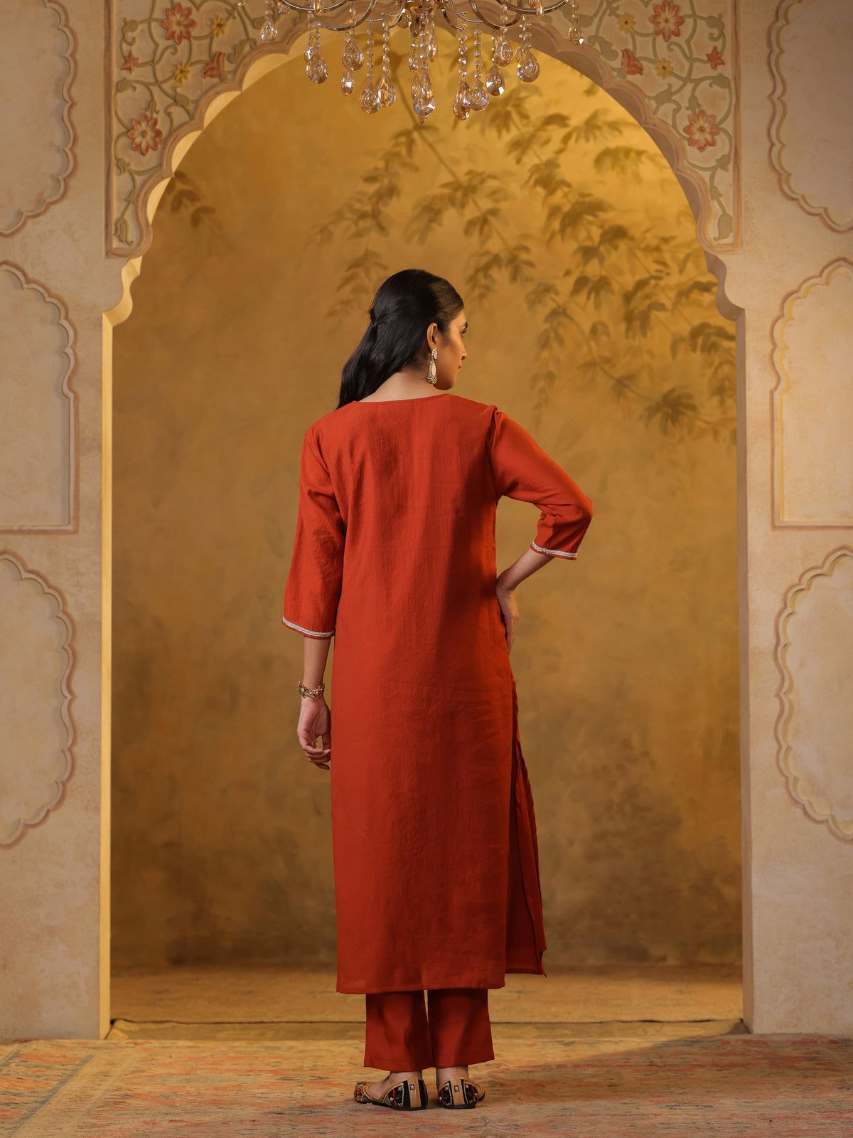 Festive MulChanderi Kurta Set with Dupatta - Rust