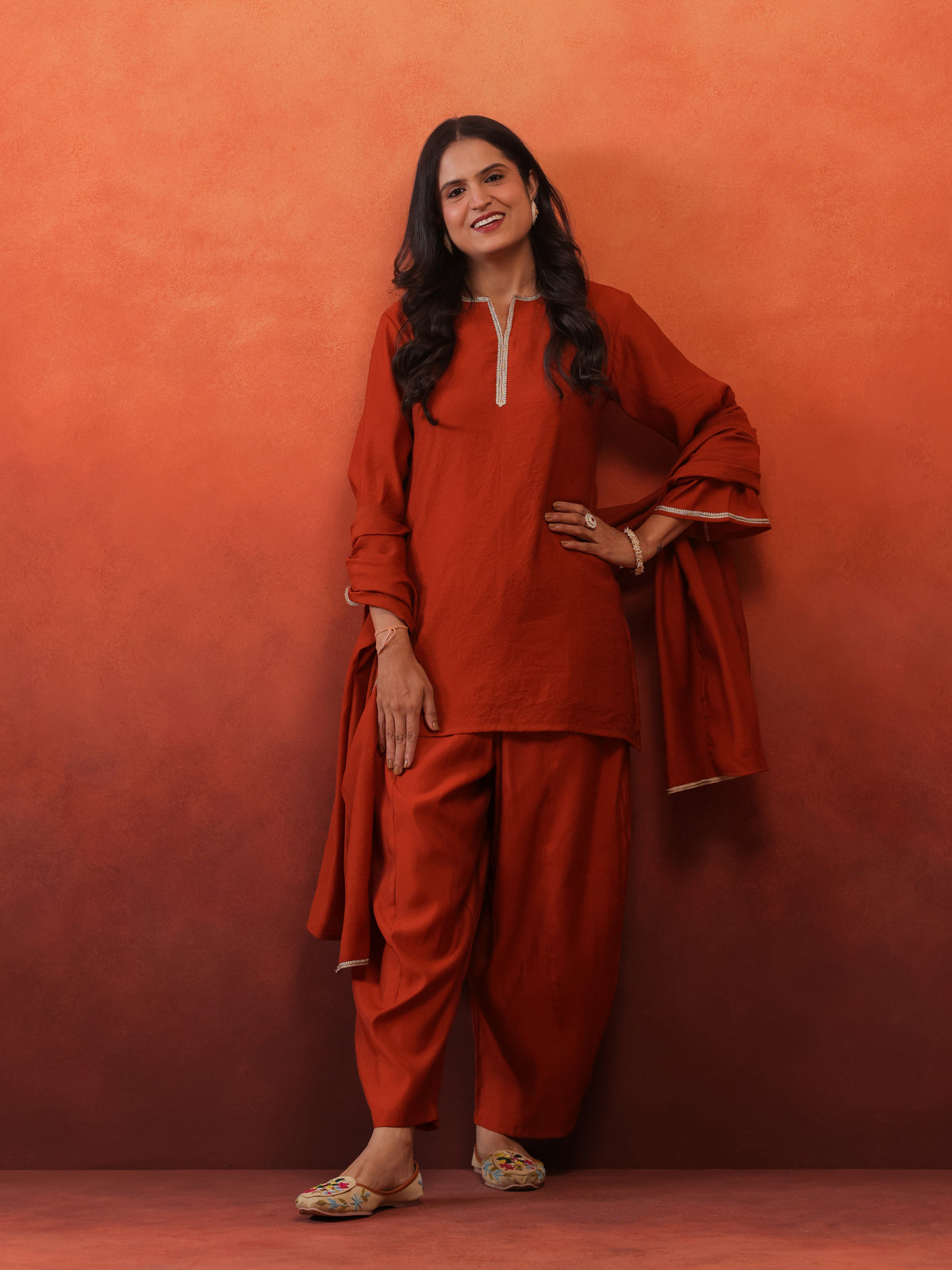 MulChanderi Short Kurta With Balloon Pant - Rust