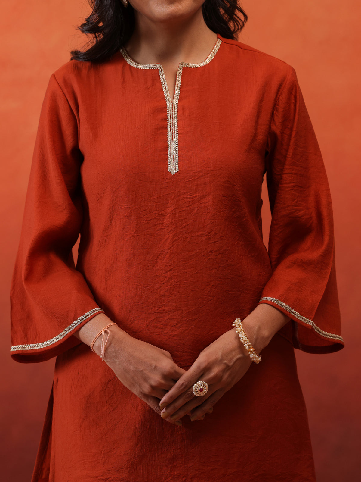 MulChanderi Short Kurta With Balloon Pant - Rust