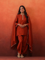 MulChanderi Short Kurta With Balloon Pant - Rust