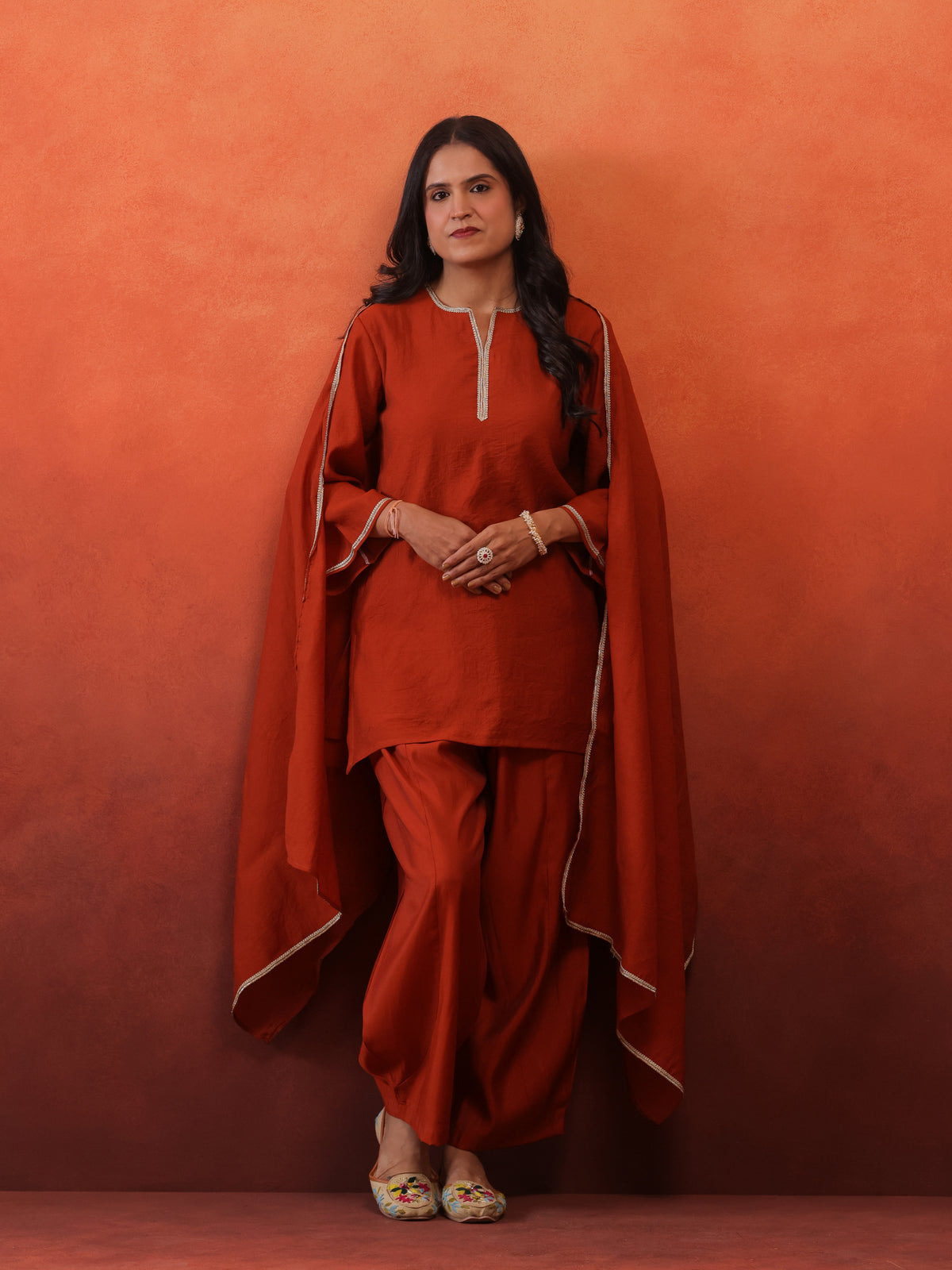 MulChanderi Short Kurta With Balloon Pant - Rust
