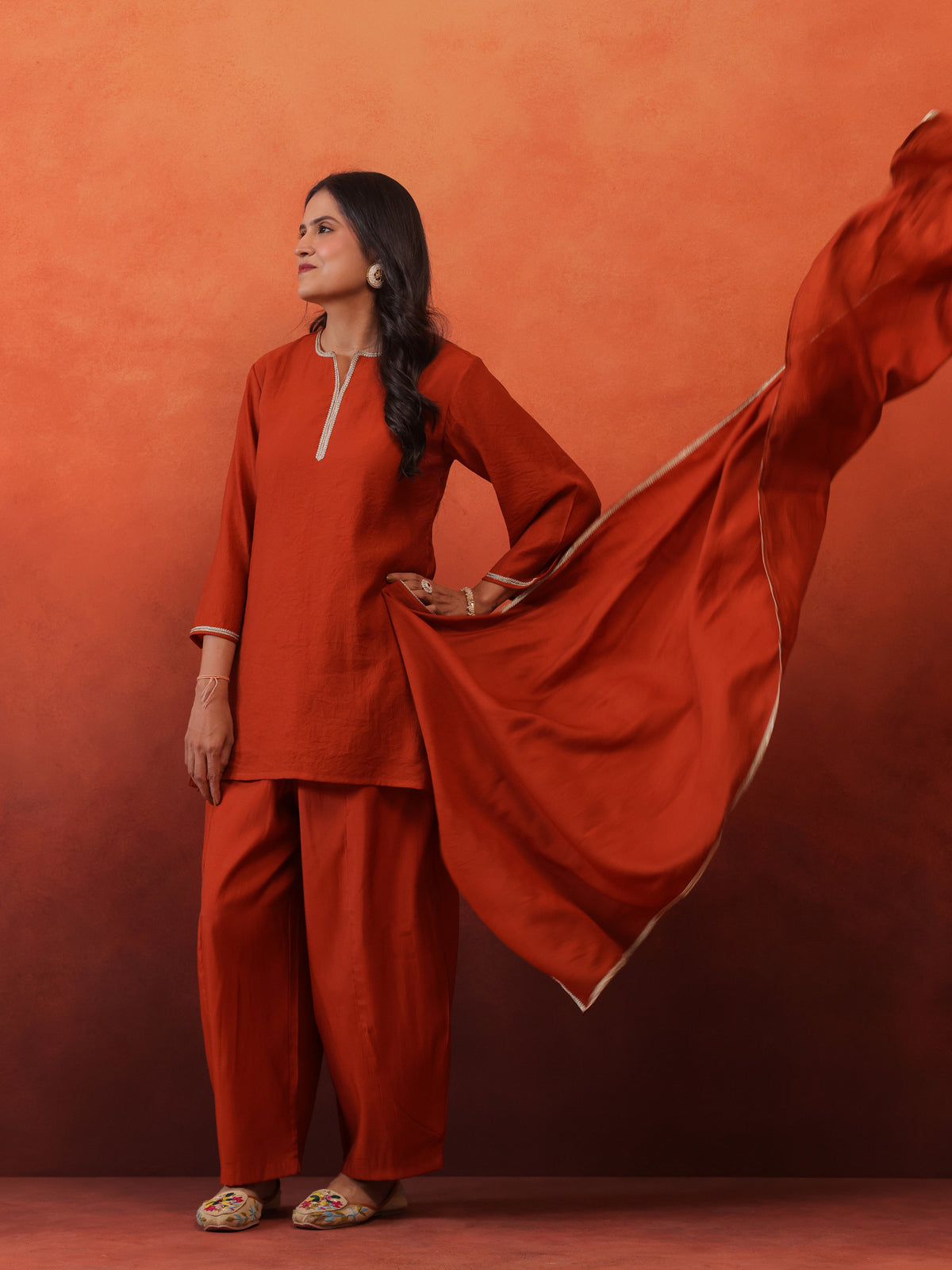 MulChanderi Short Kurta With Balloon Pant - Rust