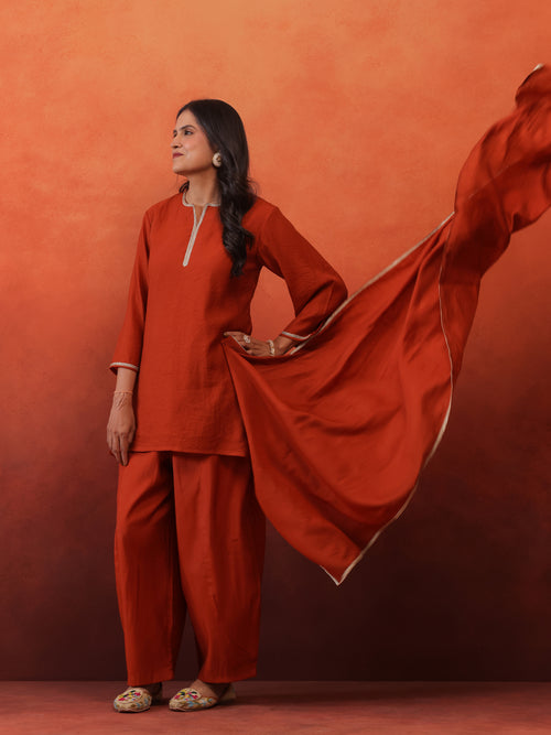 MulChanderi Short Kurta With Balloon Pant - Rust
