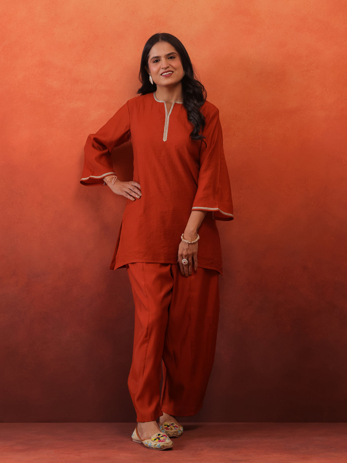 MulChanderi Short Kurta With Balloon Pant - Rust