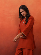 MulChanderi Short Kurta With Balloon Pant - Rust
