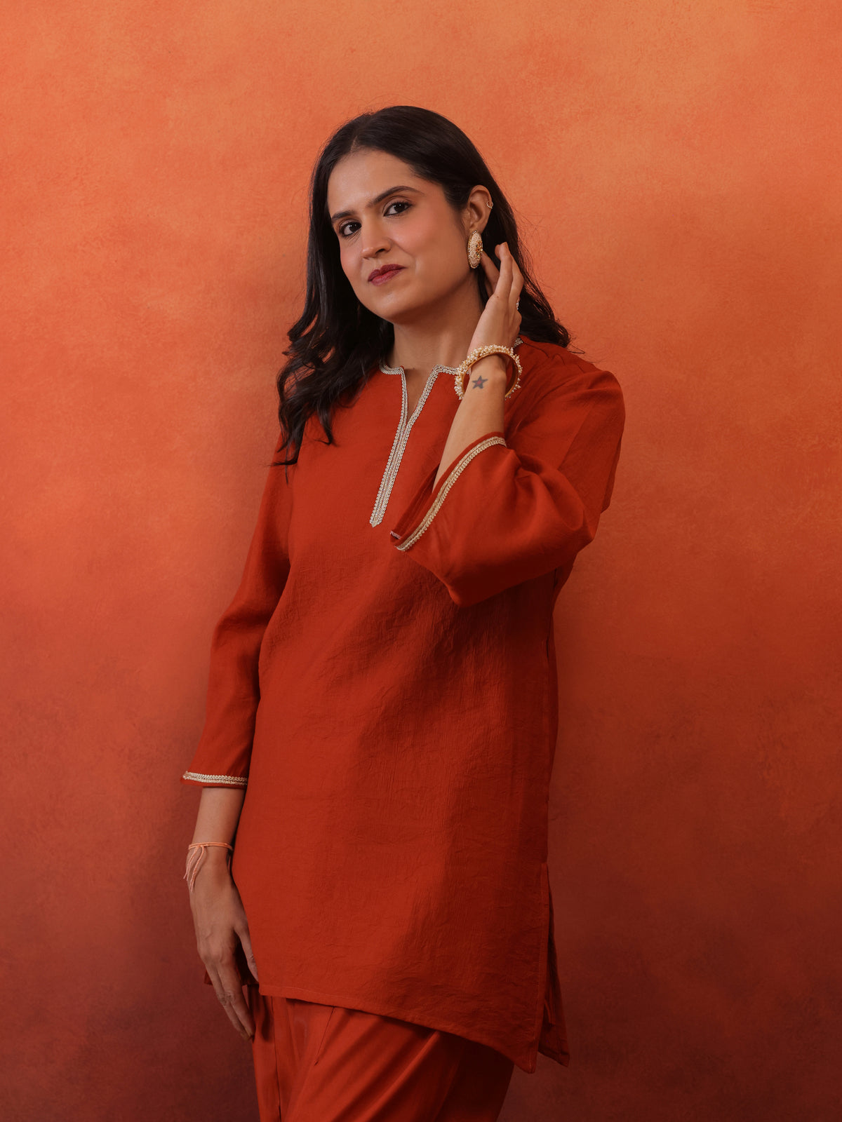 MulChanderi Short Kurta With Balloon Pant - Rust