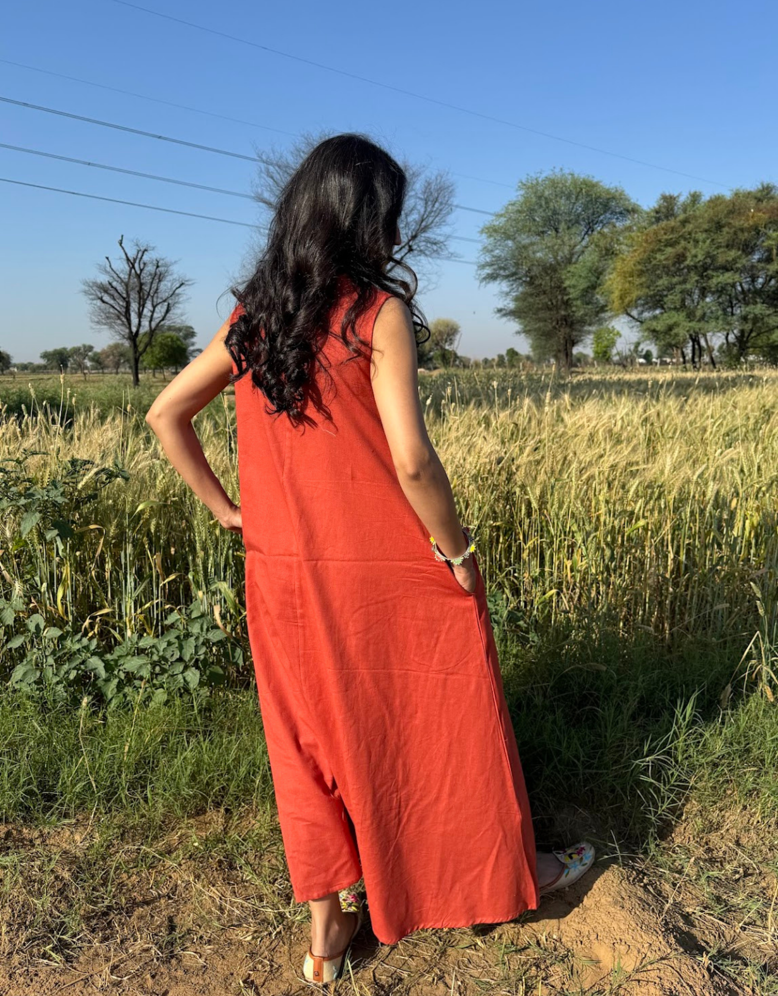 Rust Cotton Flex Sleeveless Long Dress