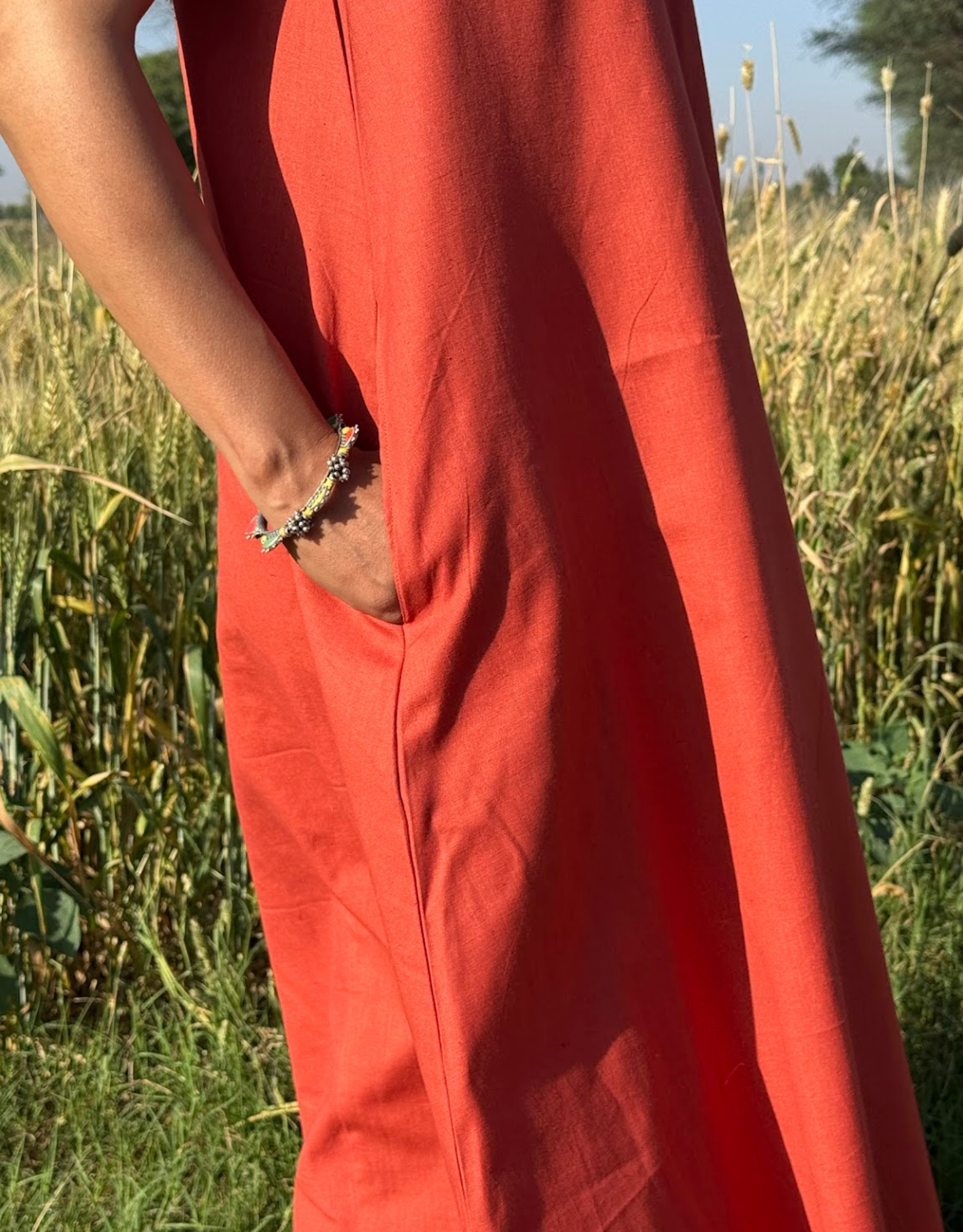 Rust Cotton Flex Sleeveless Long Dress