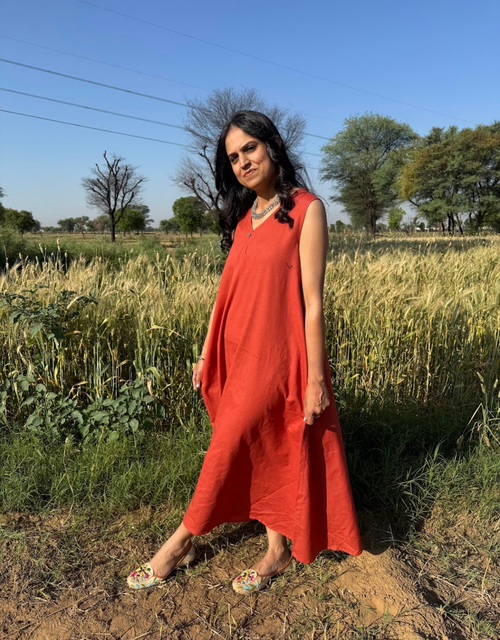 Rust Cotton Flex Sleeveless Long Dress