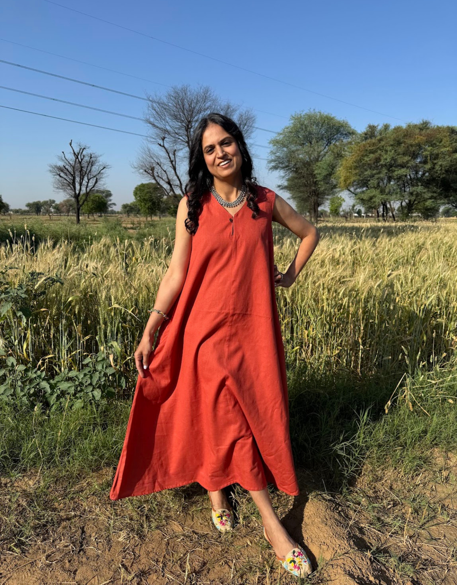 Rust Cotton Flex Sleeveless Long Dress