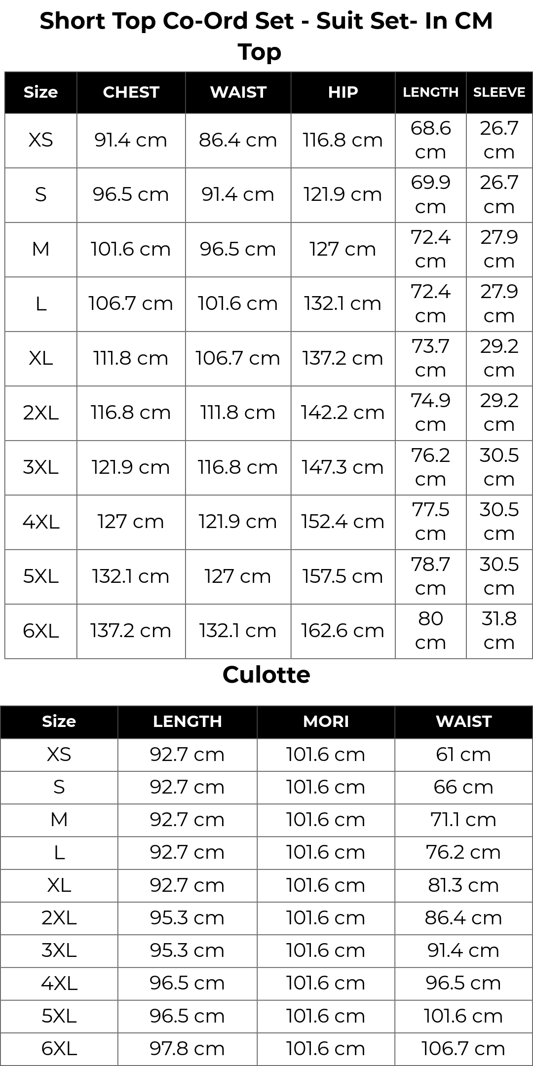 Size chart cm