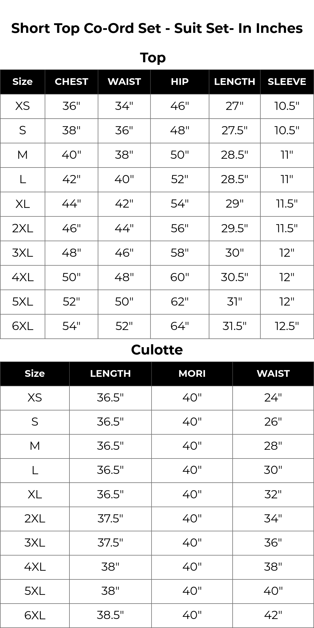 Size chart inches