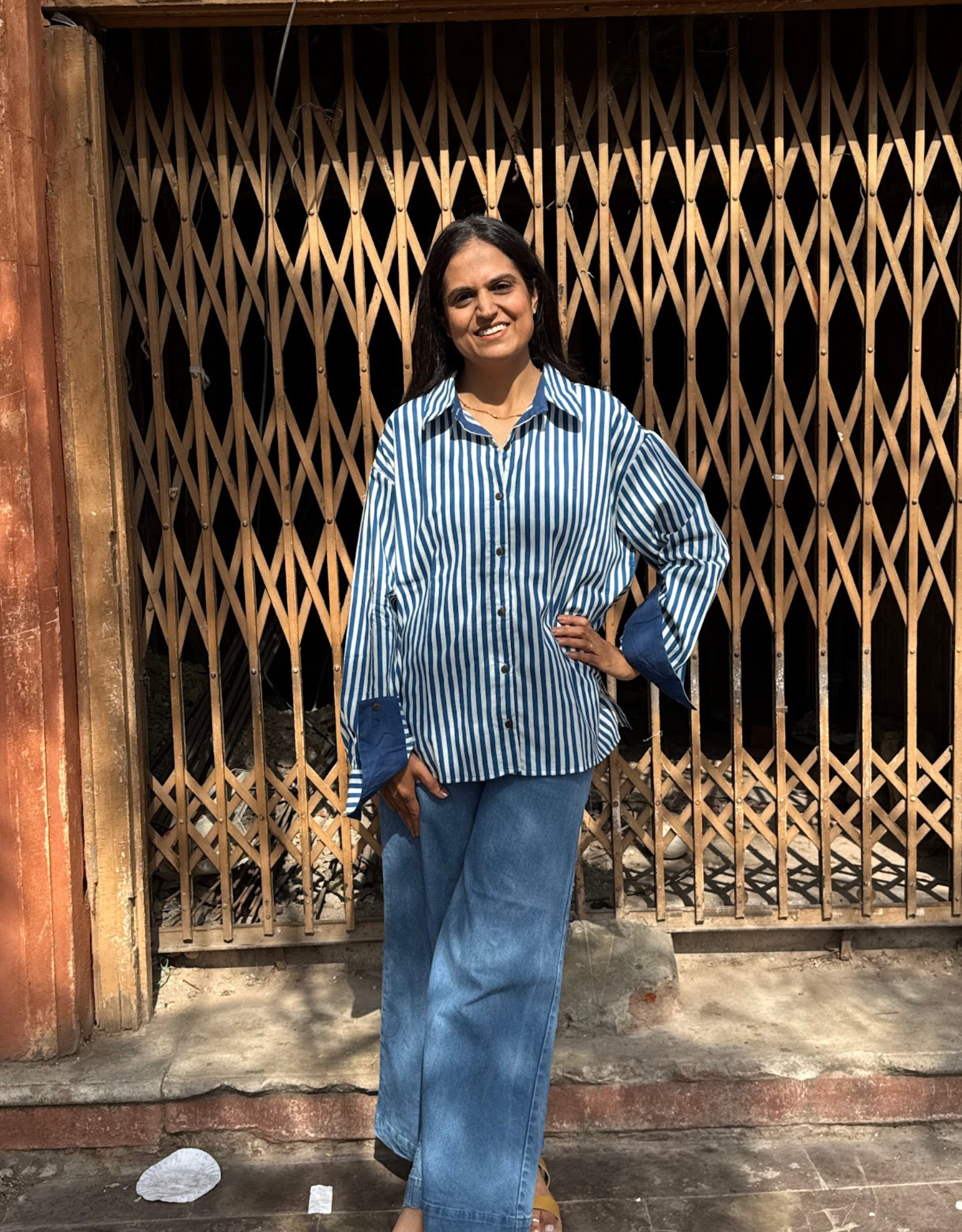 Elegant Striped Cotton Oversized Shirt - Blue