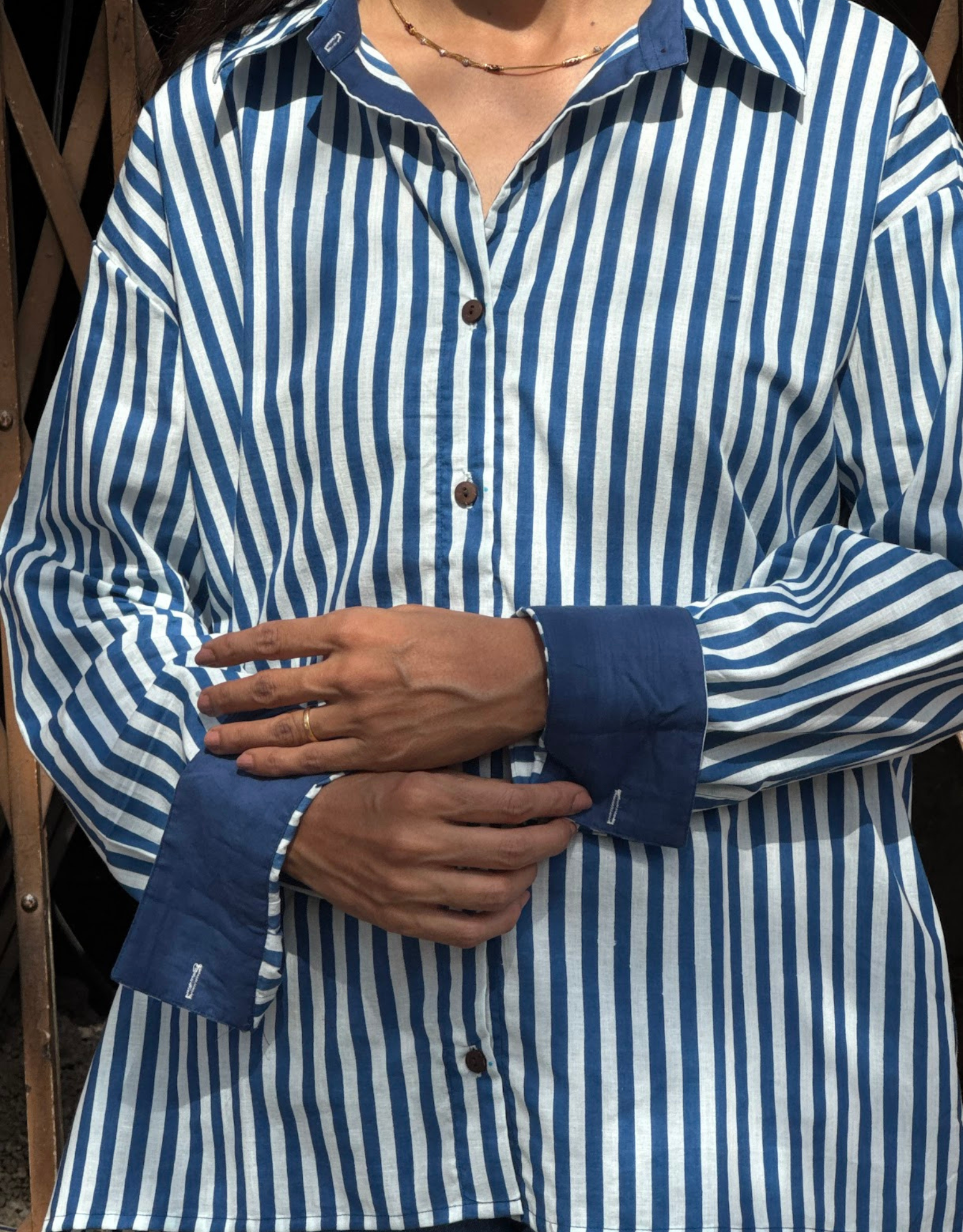 Elegant Striped Cotton Oversized Shirt - Blue