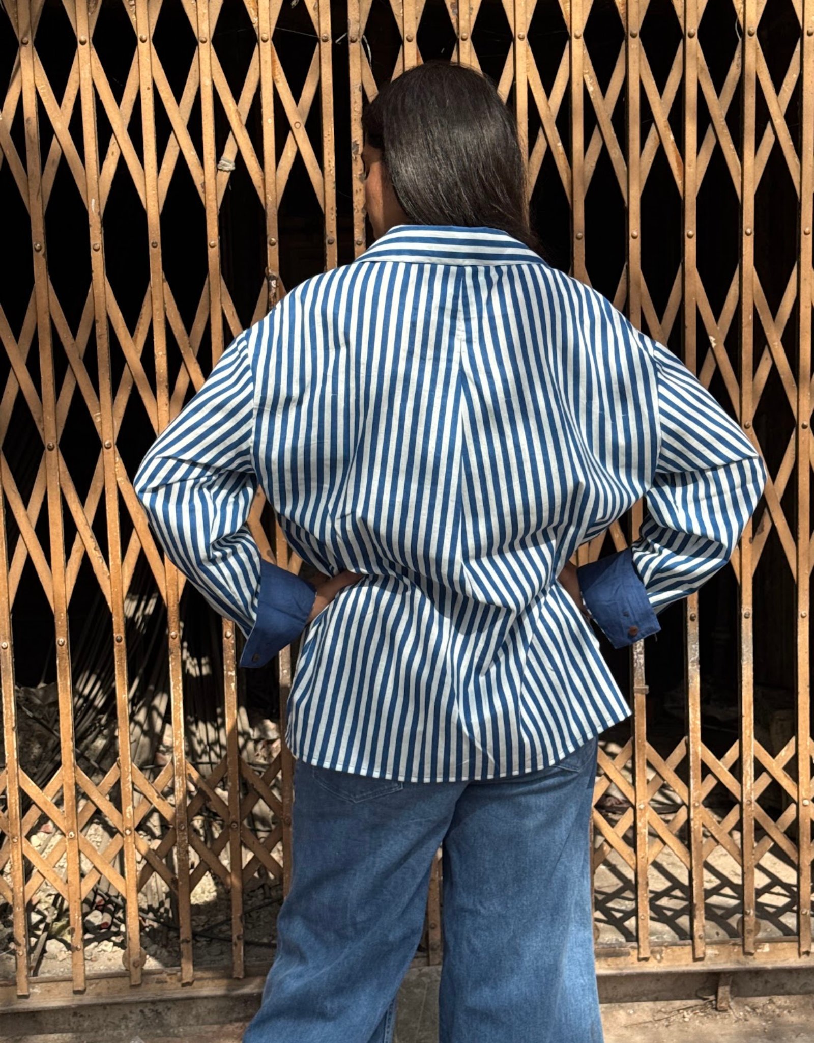 Elegant Striped Cotton Oversized Shirt - Blue