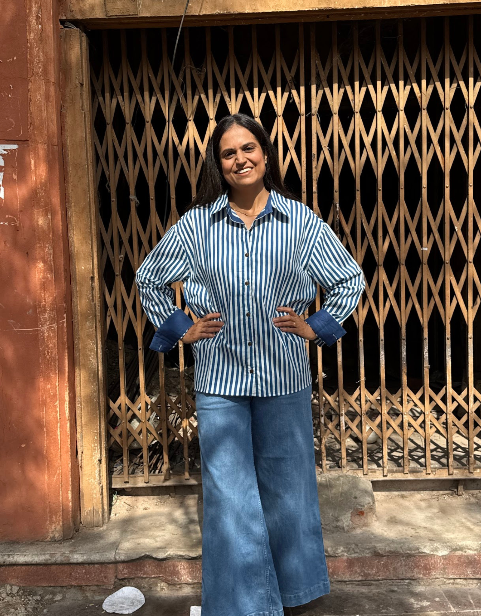 Elegant Striped Cotton Oversized Shirt - Blue