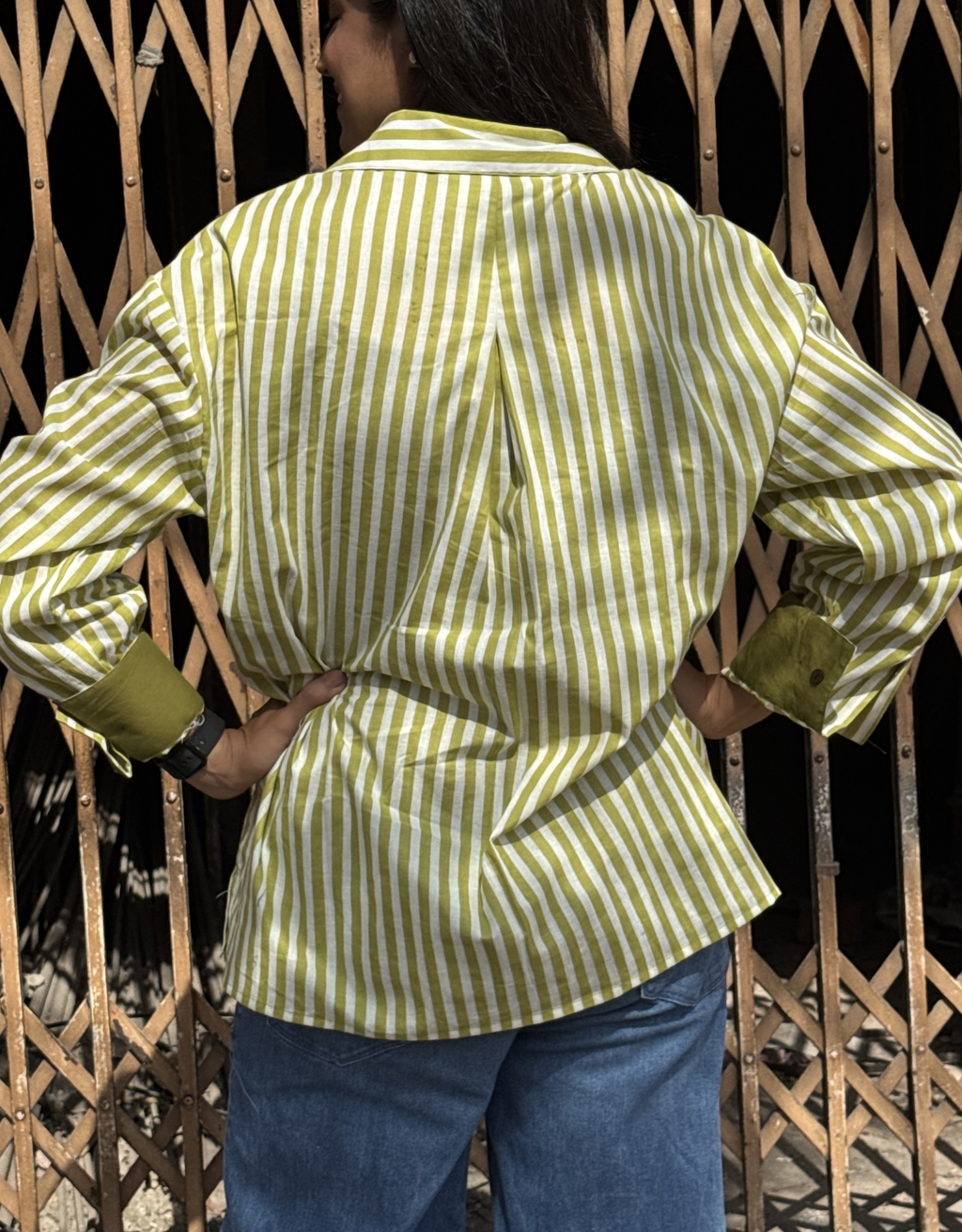 Elegant Striped Cotton Oversized Shirt - Green